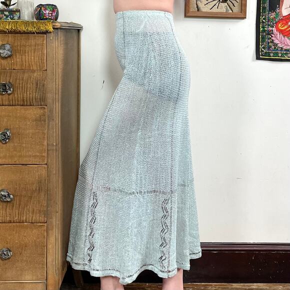 Vintage Mary Farrin Crochet Skirt, 1970s Blue & Silver Open Knit Maxi, Sz XS-S - Picture 8 of 10